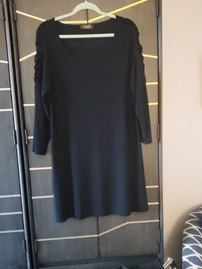 Simply Be Black Long-Sleeve Scoop Neck Dress with Ruched Sleeves